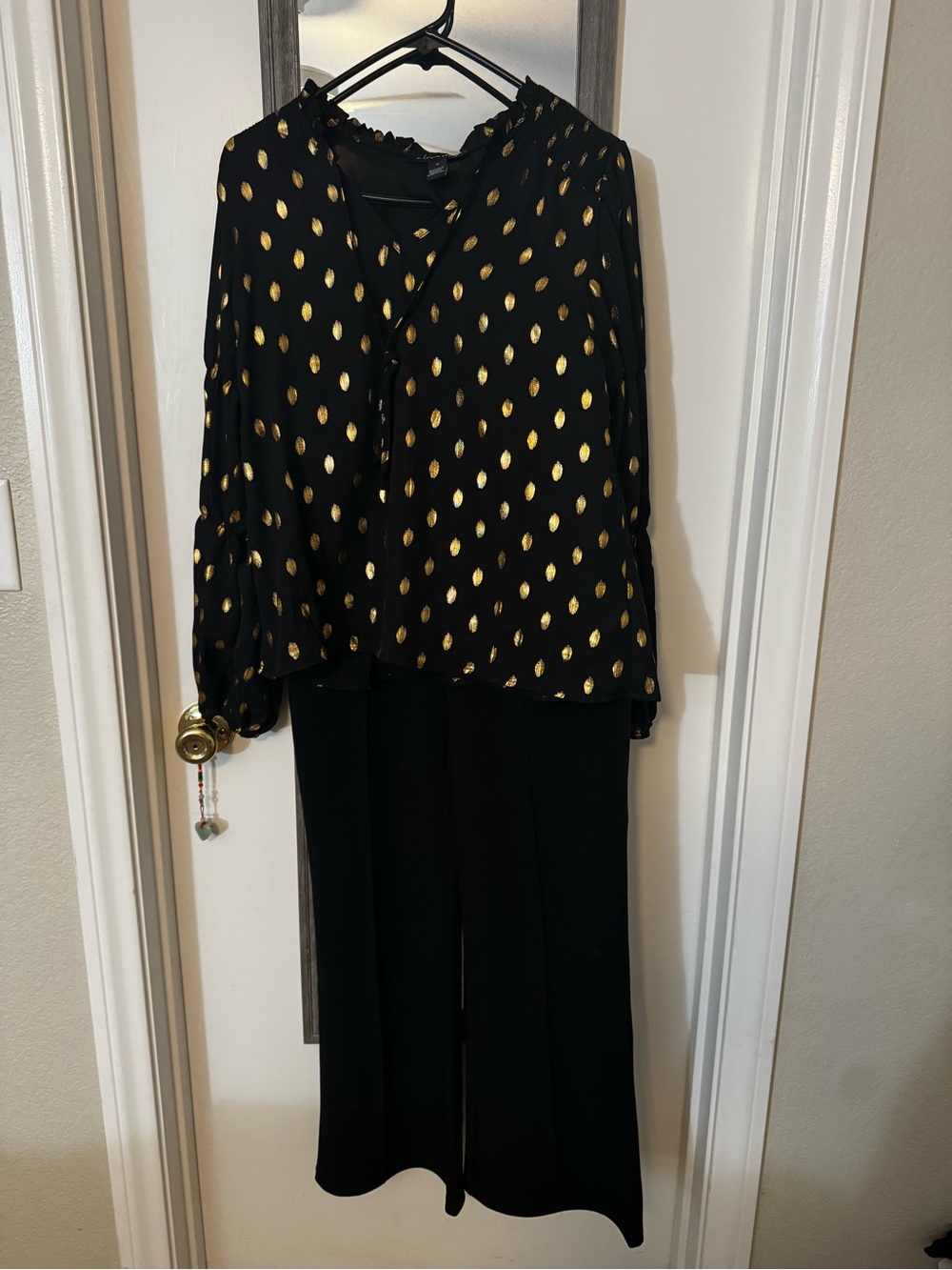 Black Blouse with Gold Dot Accents & Black Slack Outfit
